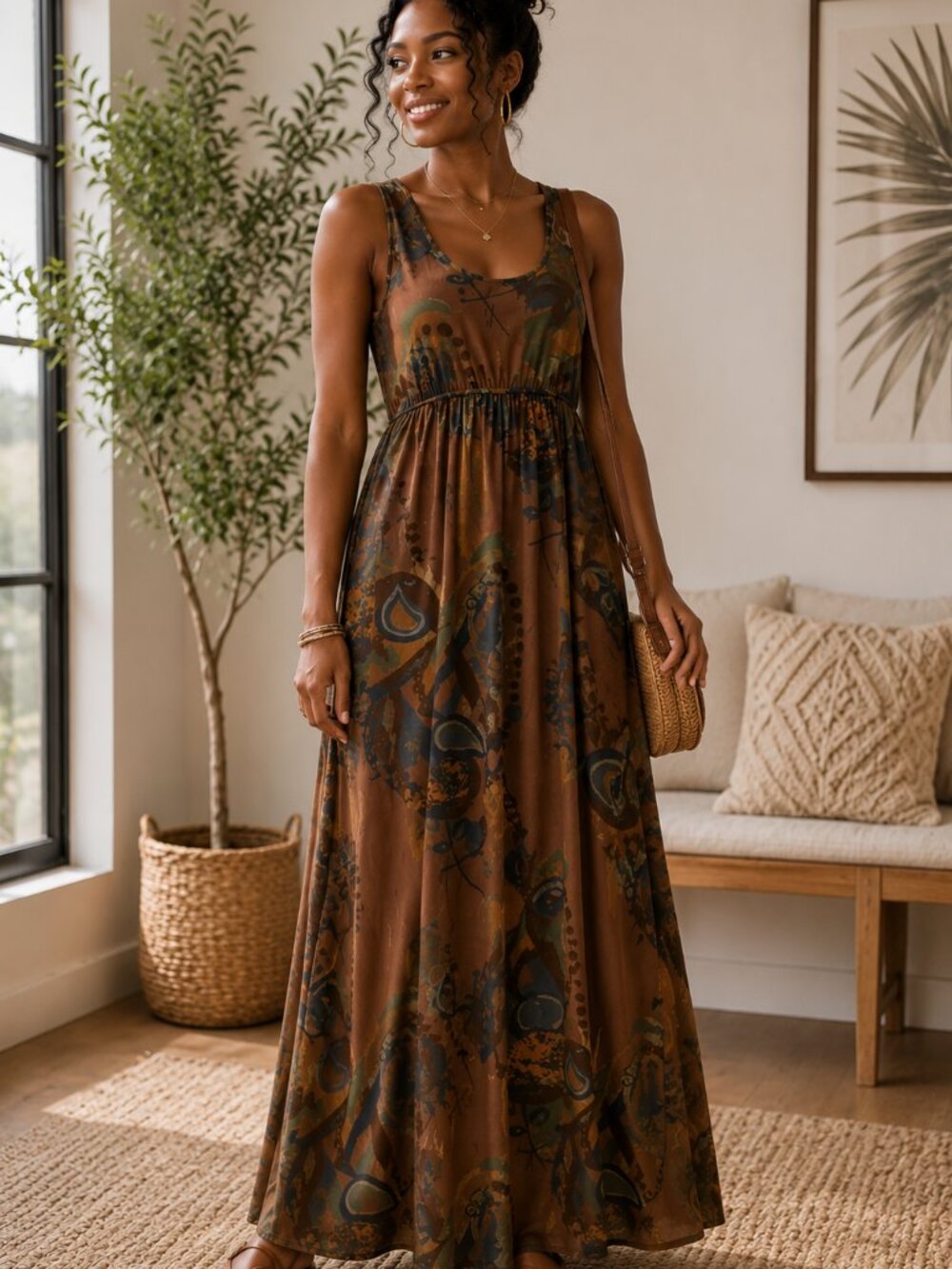 Fresh Produce Brown Abstract Print Maxi Dress Size M Made in USA Boho Rayon Blen